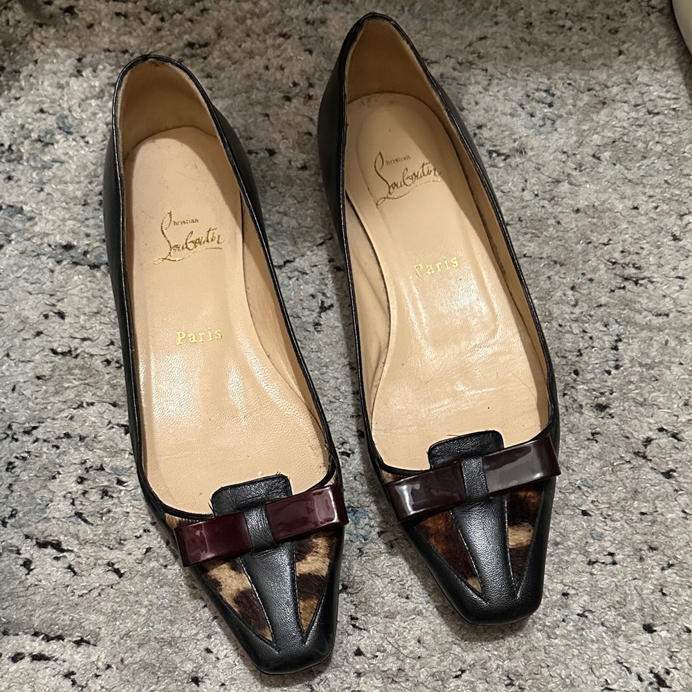Christian Louboutin Black and Brown leopard Flats with Bow Accent